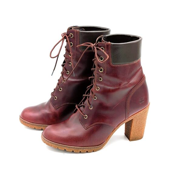 Timberland Glancy Lace-Up Boots Womens 9 Burgundy Leather Block Heel A18Z6 - Picture 1 of 13